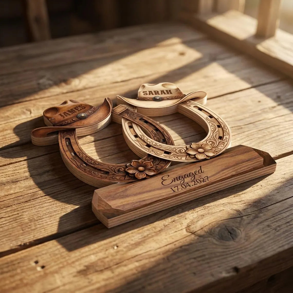Custom Western Couple Wood Decor, Personalized Cowboy Hat Horseshoe Sign, Rustic Engagement Centerpiece, Bride And Groom Gift