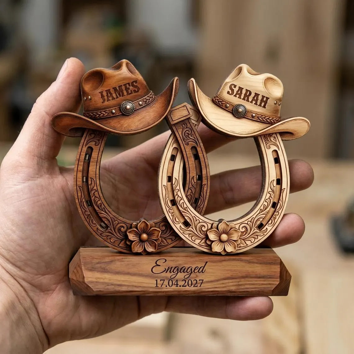 Custom Western Couple Wood Decor, Personalized Cowboy Hat Horseshoe Sign, Rustic Engagement Centerpiece, Bride And Groom Gift
