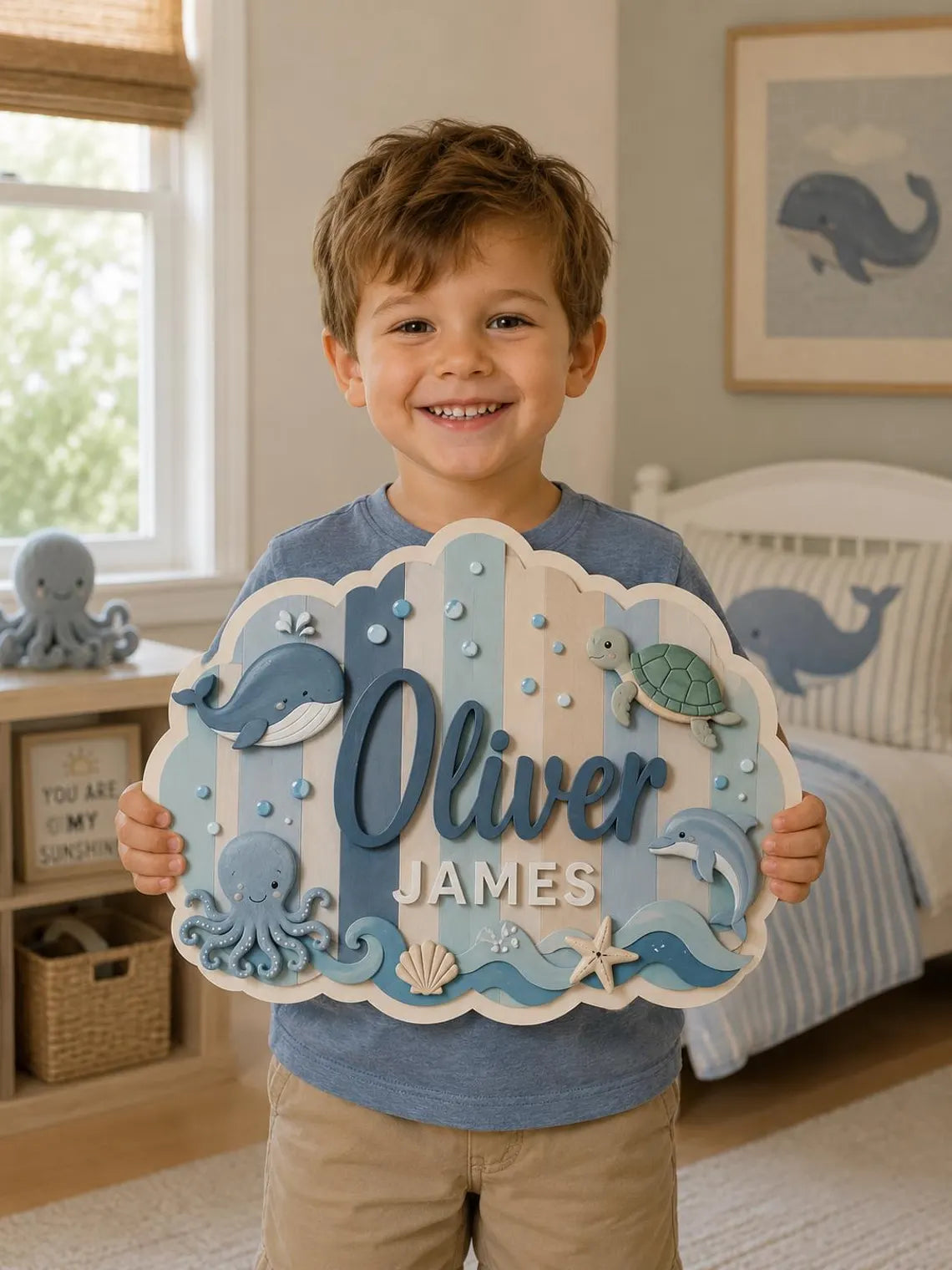 Custom Sea Animal Wooden Sign, Personalized Initial Name Plaque, Ocean Nursery Decor, Baby Room Wall Art Gift