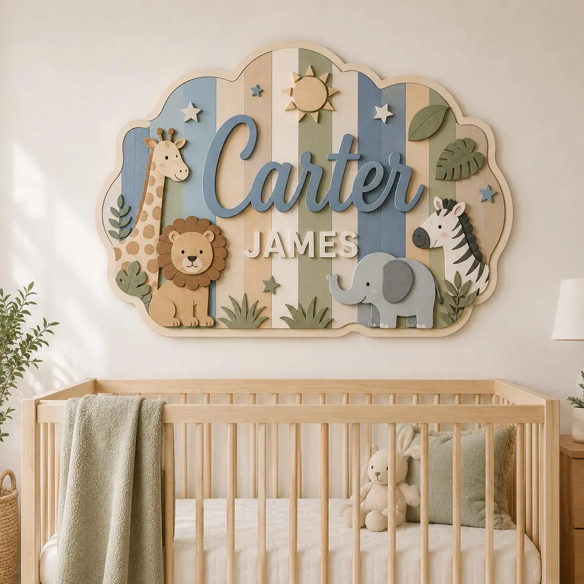 Personalized Dinosaur Wooden Name Sign, Custom Baby Boy Nursery Wall Decor, 2 Layer Animal Room Sign, Gift For Baby