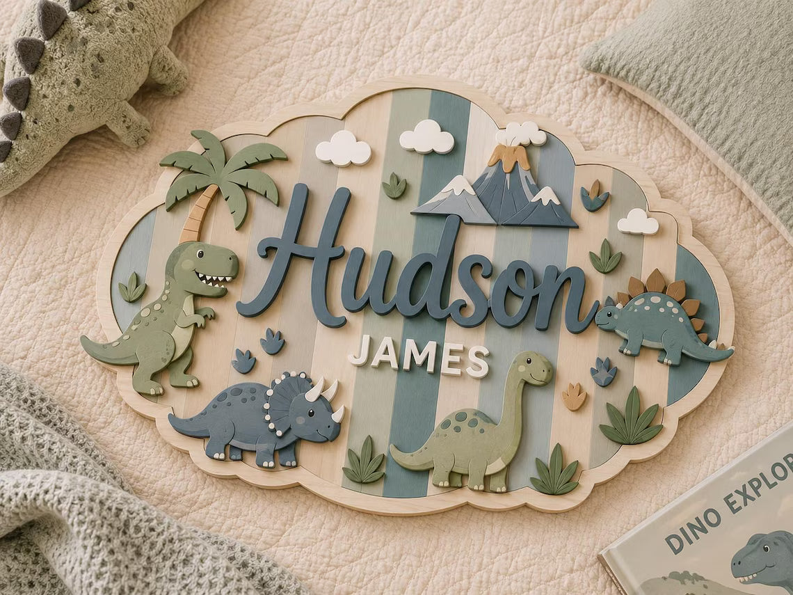 Personalized Dinosaur Wooden Name Sign, Custom Baby Boy Nursery Wall Decor, 2 Layer Animal Room Sign, Gift For Baby