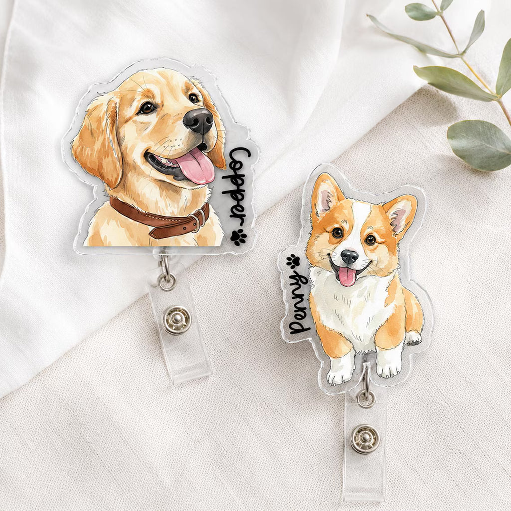 Personalized Striped Pet Portrait From Photo Badge Reel, Custom Dog Cat Photo Nurse ID Holder, Pet Lovers Gift, Nursing Badge Reel, Vet Badge Holder