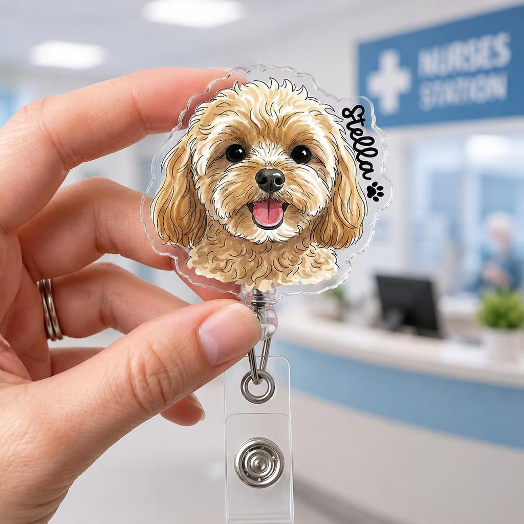 Personalized Striped Pet Portrait From Photo Badge Reel, Custom Dog Cat Photo Nurse ID Holder, Pet Lovers Gift, Nursing Badge Reel, Vet Badge Holder