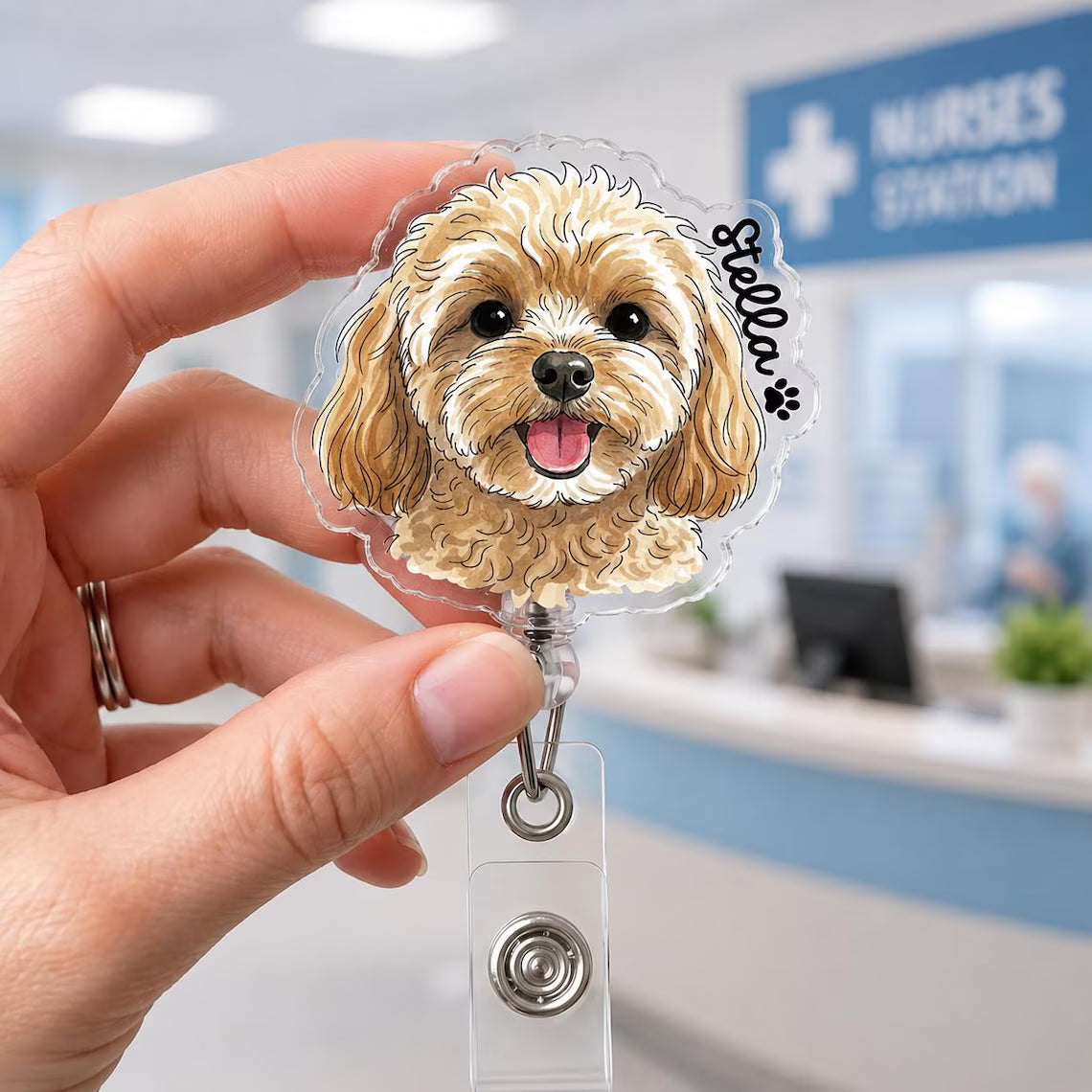 Personalized Striped Pet Portrait From Photo Badge Reel, Custom Dog Cat Photo Nurse ID Holder, Pet Lovers Gift, Nursing Badge Reel, Vet Badge Holder