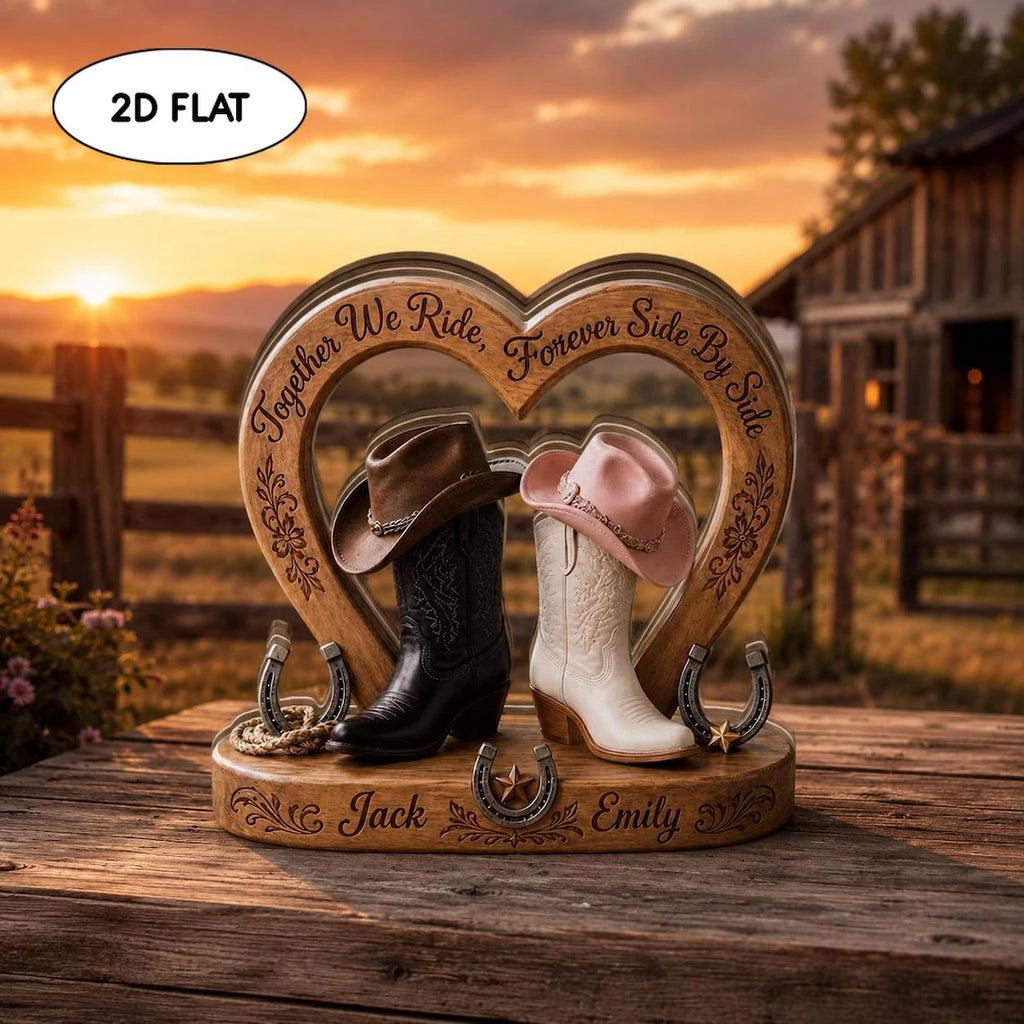 Custom Western Couple 2d Flat Wooden Block, Personalized Cowboy Boots Heart Decor, Anniversary Gift for Husband Wife, Rustic Wedding Gift