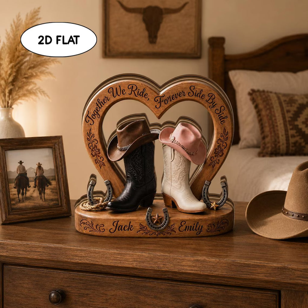 Custom Western Couple 2d Flat Wooden Block, Personalized Cowboy Boots Heart Decor, Anniversary Gift for Husband Wife, Rustic Wedding Gift