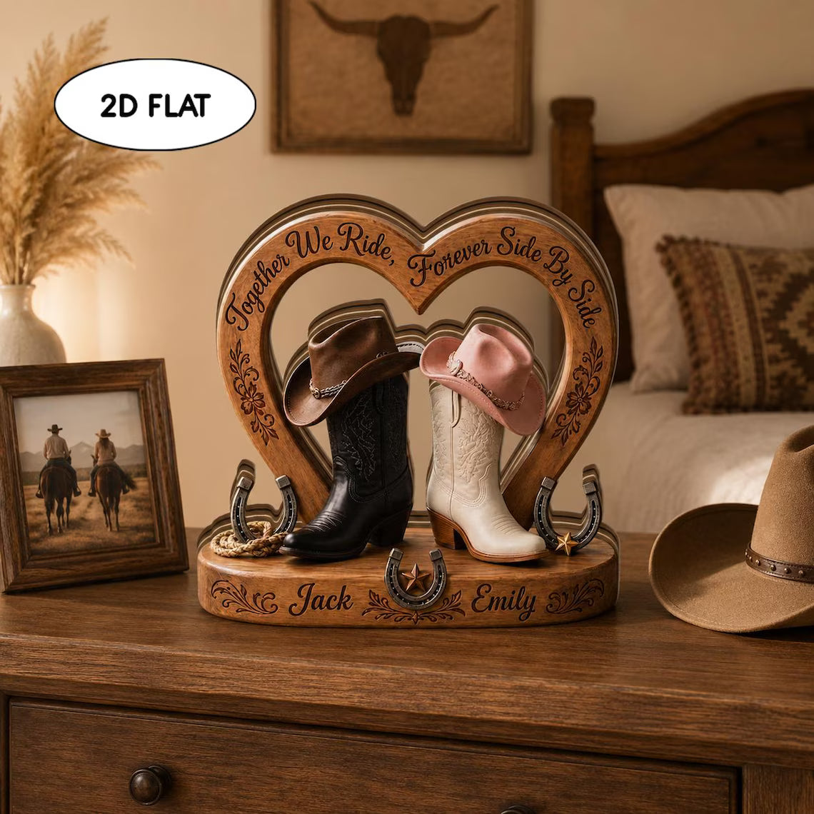 Custom Western Couple 2d Flat Wooden Block, Personalized Cowboy Boots Heart Decor, Anniversary Gift for Husband Wife, Rustic Wedding Gift