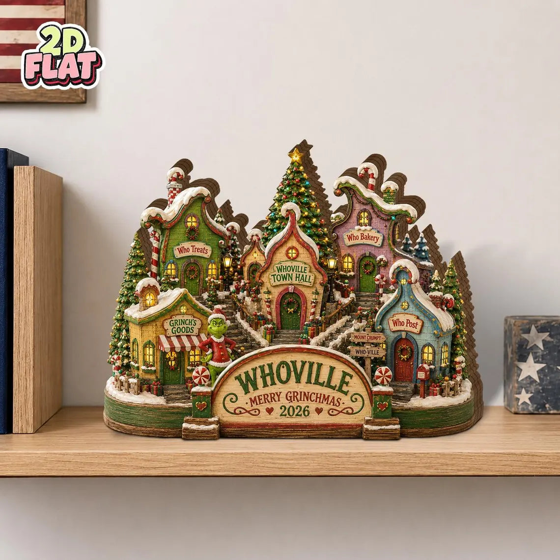 2D Print Grinch Whoville Christmas Village Decor, Merry Grinchmas Wooden Block Decor, Christmas Gift