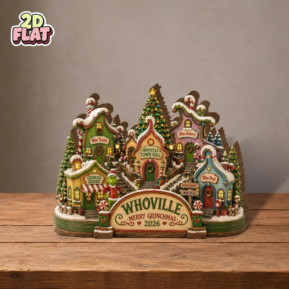 2D Print Grinch Whoville Christmas Village Decor, Merry Grinchmas Wooden Block Decor, Christmas Gift
