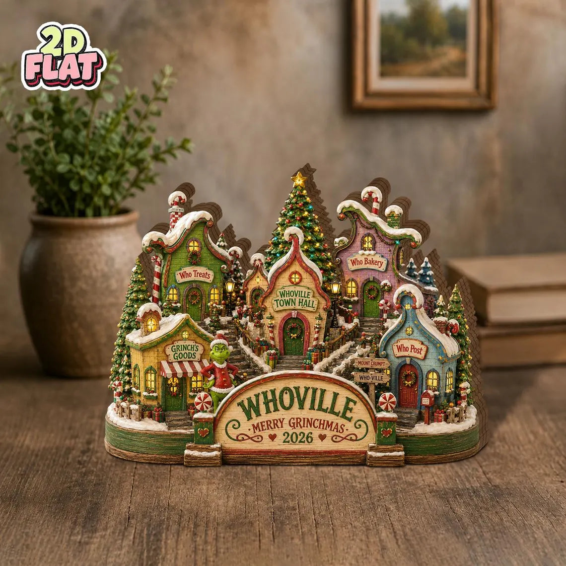 2D Print Grinch Whoville Christmas Village Decor, Merry Grinchmas Wooden Block Decor, Christmas Gift