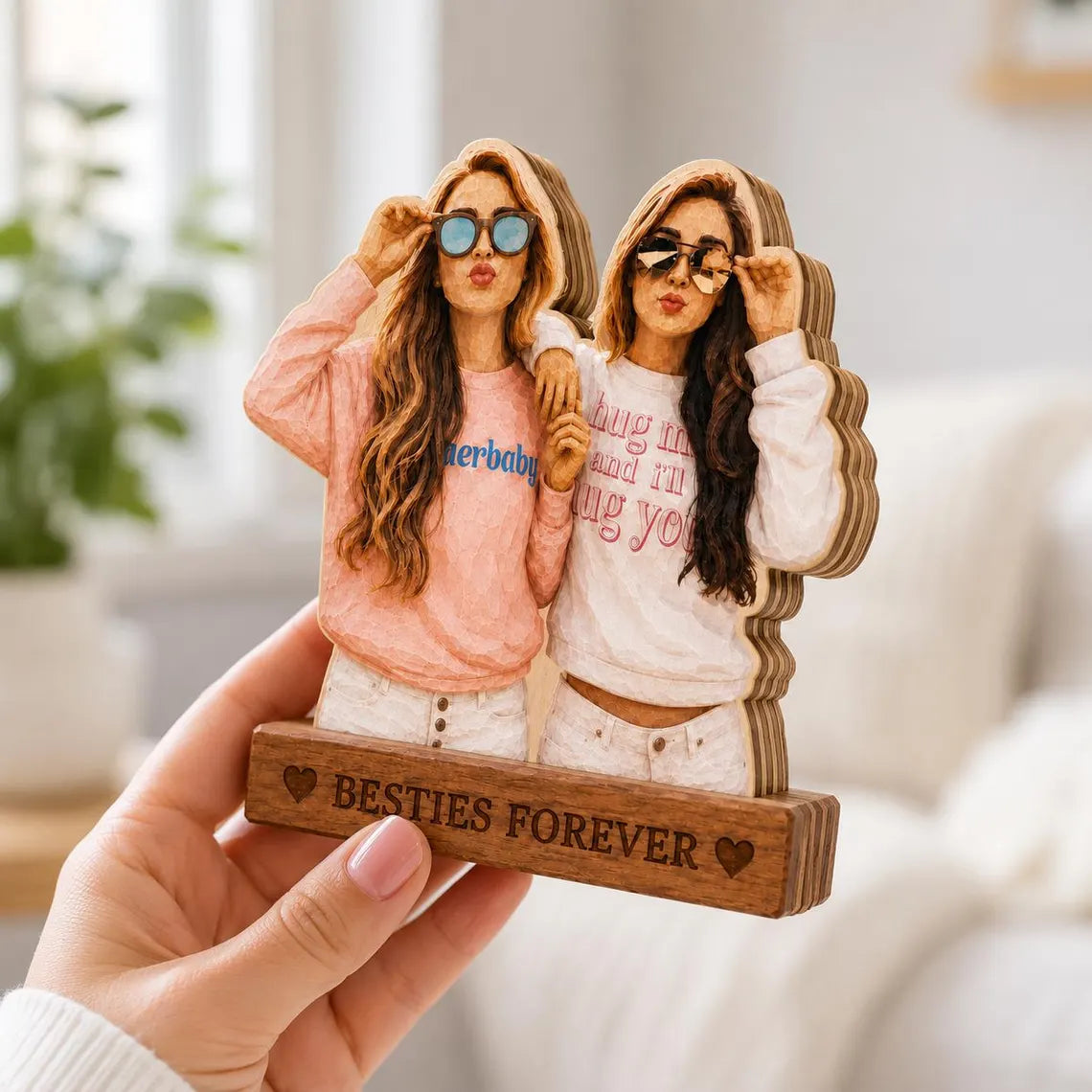 Personalized bestie Wooden Block, Custom Photo Portrait Carved Figurine for her, Home decor gift for besties, Best friend Ever Keepsake