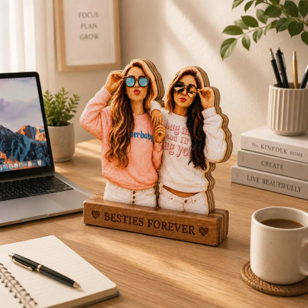 Personalized bestie Wooden Block, Custom Photo Portrait Carved Figurine for her, Home decor gift for besties, Best friend Ever Keepsake