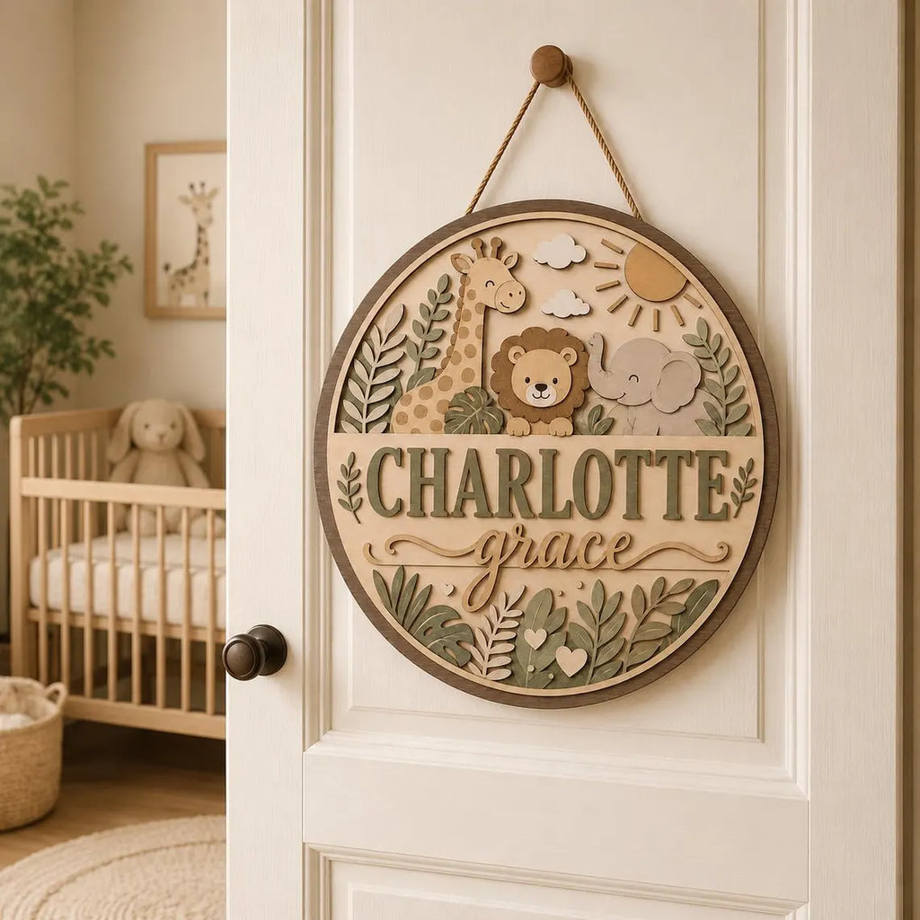 Personalized Nursery Name Sign, Wooden Baby Door Hanger, Safari Animals Wall Decor, Custom Jungle Nursery Decor,, Newborn Gift
