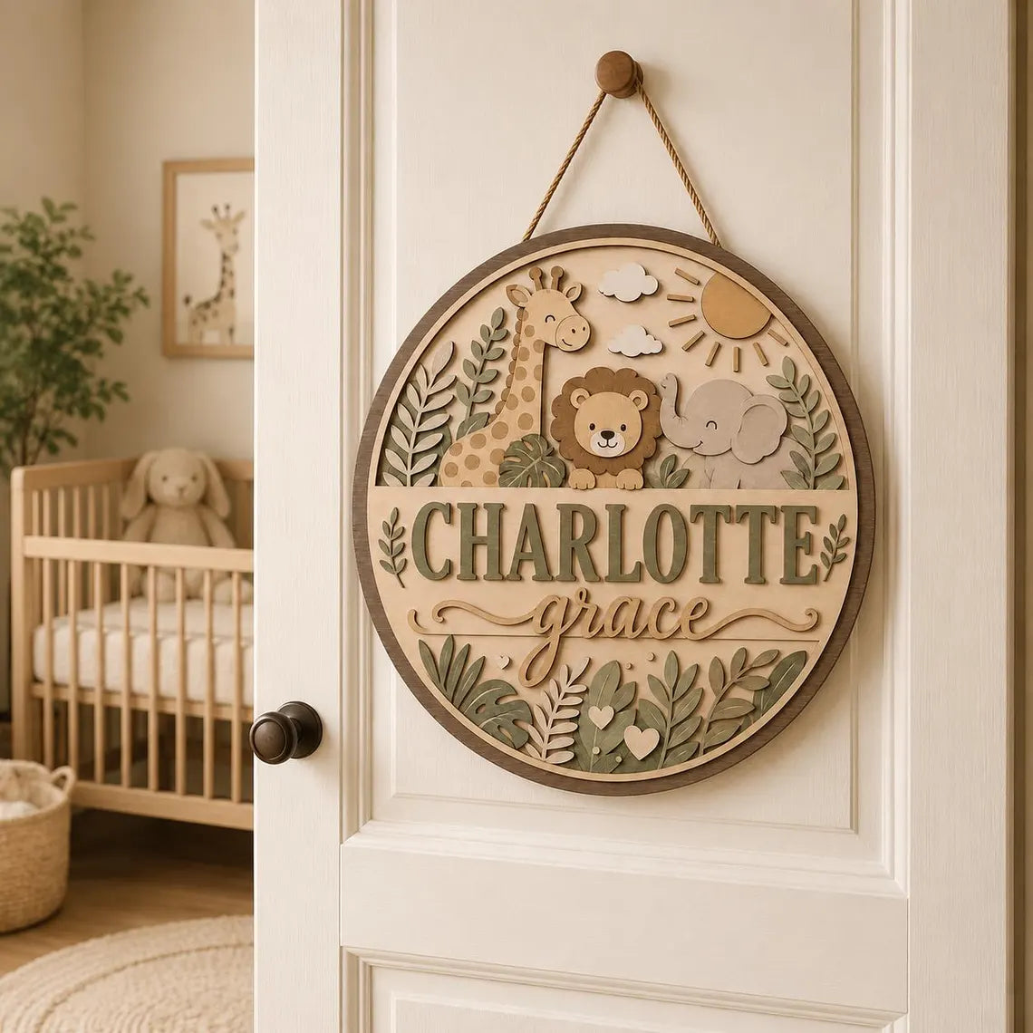 Personalized Nursery Name Sign, Wooden Baby Door Hanger, Safari Animals Wall Decor, Custom Jungle Nursery Decor,, Newborn Gift