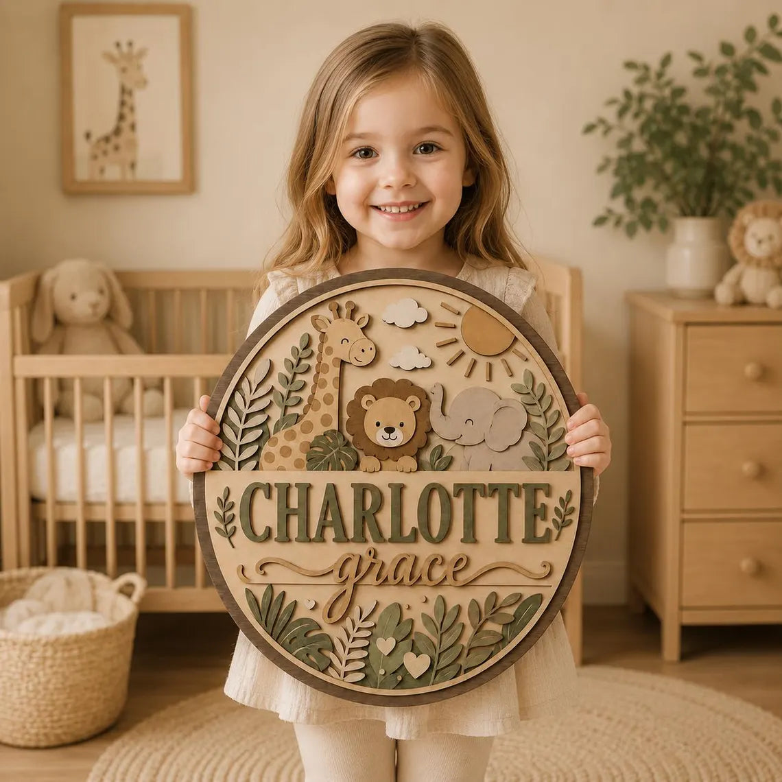Personalized Nursery Name Sign, Wooden Baby Door Hanger, Safari Animals Wall Decor, Custom Jungle Nursery Decor,, Newborn Gift