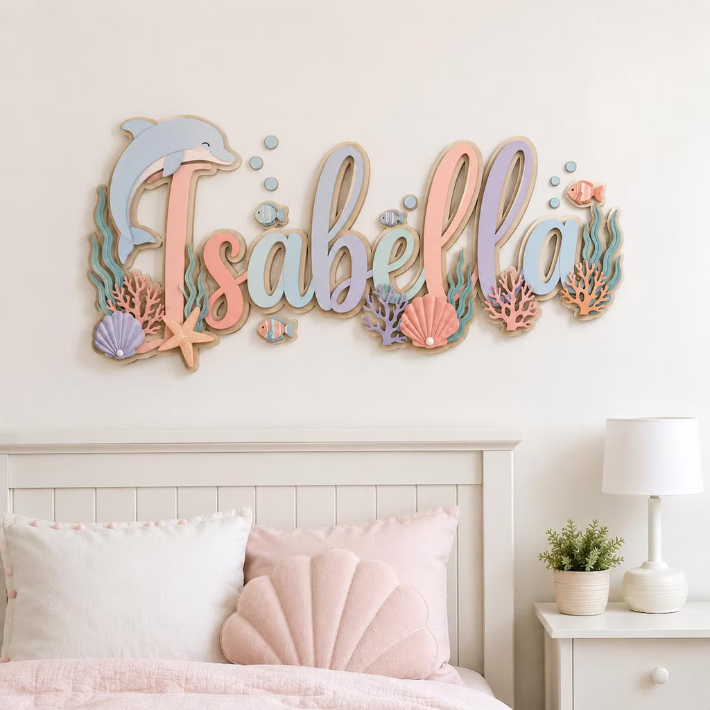 Custom 3D Ocean Name Sign, Sea Horse and Jellyfish Nursery Decor, Pink Baby Nursery Wall Hanging