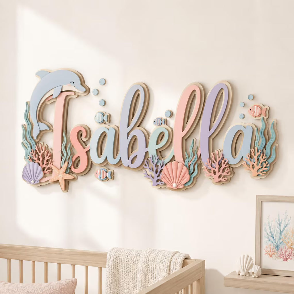 Custom 3D Ocean Name Sign, Sea Horse and Jellyfish Nursery Decor, Pink Baby Nursery Wall Hanging
