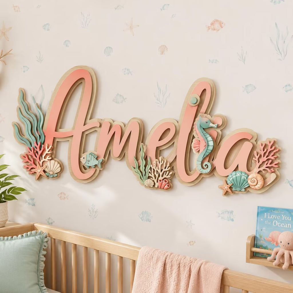 Custom 3D Ocean Name Sign, Sea Horse and Jellyfish Nursery Decor, Pink Baby Nursery Wall Hanging