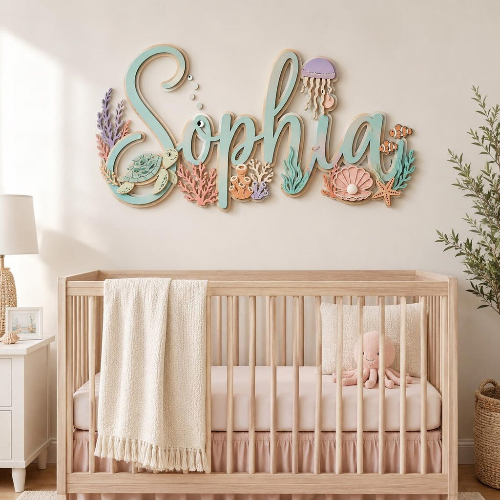 Custom 3D Ocean Name Sign, Sea Horse and Jellyfish Nursery Decor, Pink Baby Nursery Wall Hanging