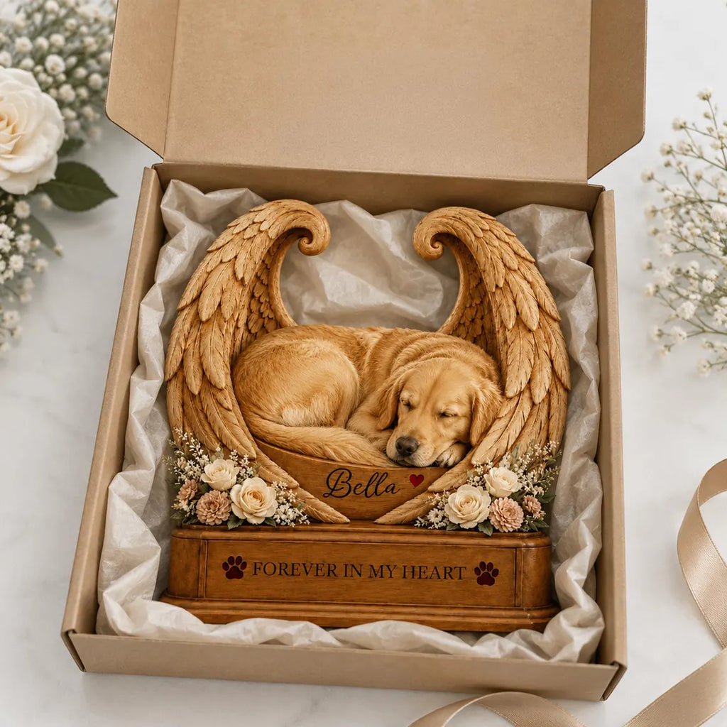 Personalized Pet Memorial Wooden Block with Angel Wings, Custom Dog Remembrance Gift, Forever in My Heart Pet Loss Keepsake, Sympathy Decor