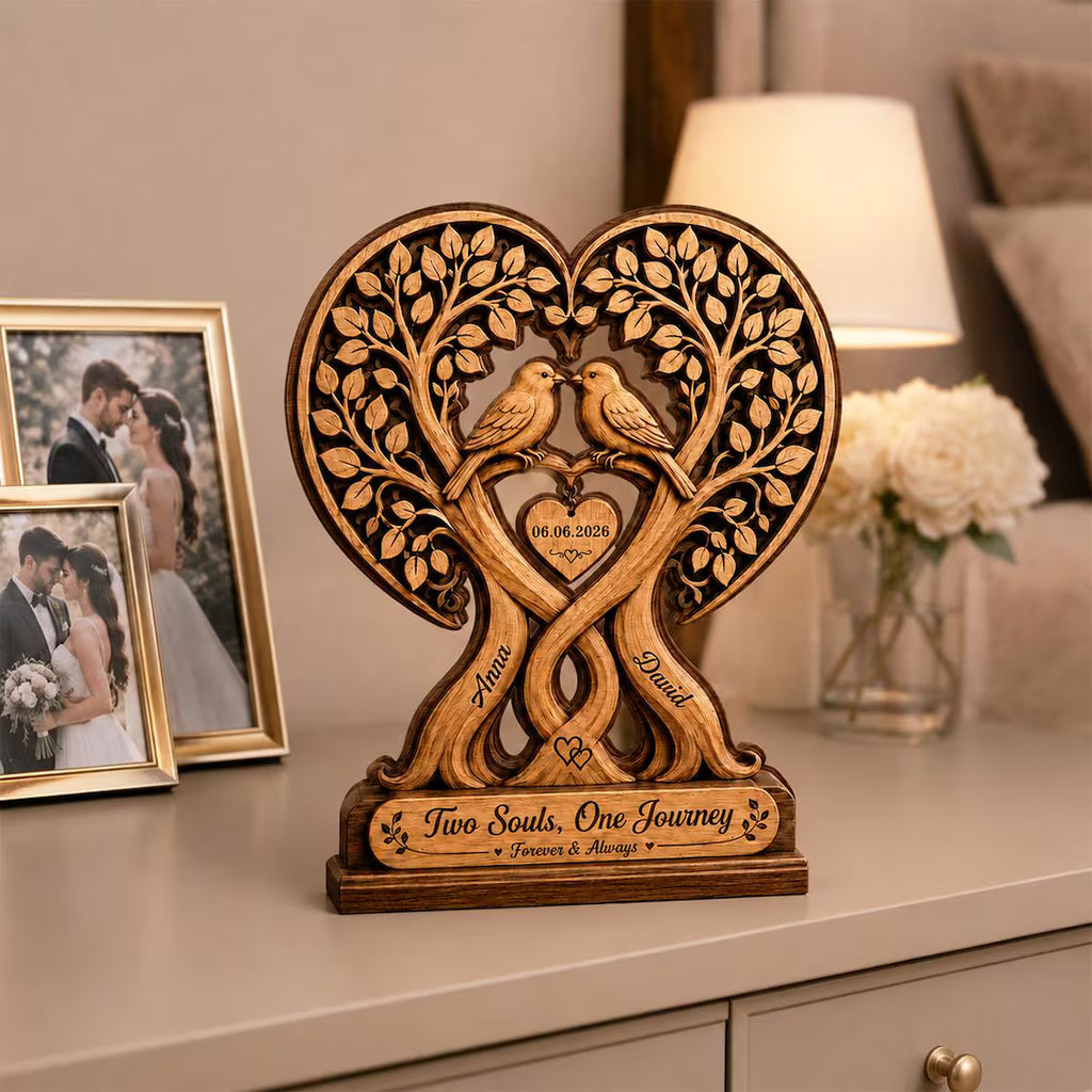Personalized Couple Tree with Birds 2D Print Wooden Plaque, Custom Anniversary Gift, Wedding Decor