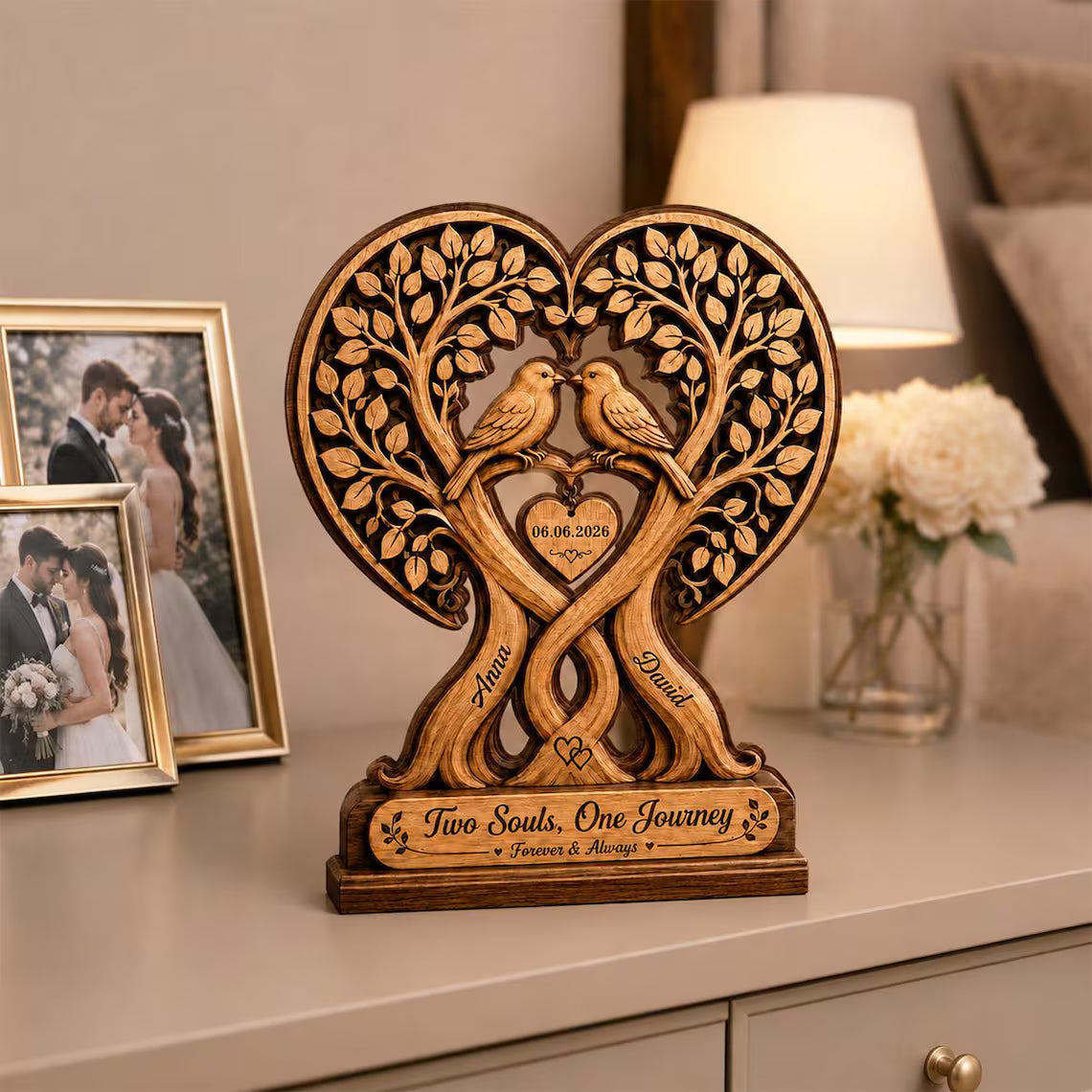 Personalized Couple Tree with Birds 2D Print Wooden Plaque, Custom Anniversary Gift, Wedding Decor