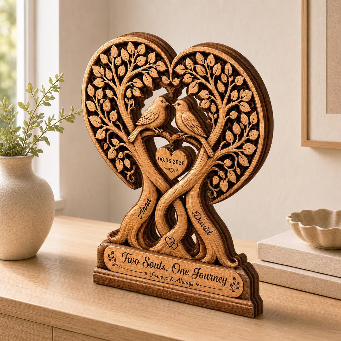 Personalized Couple Tree with Birds 2D Print Wooden Plaque, Custom Anniversary Gift, Wedding Decor