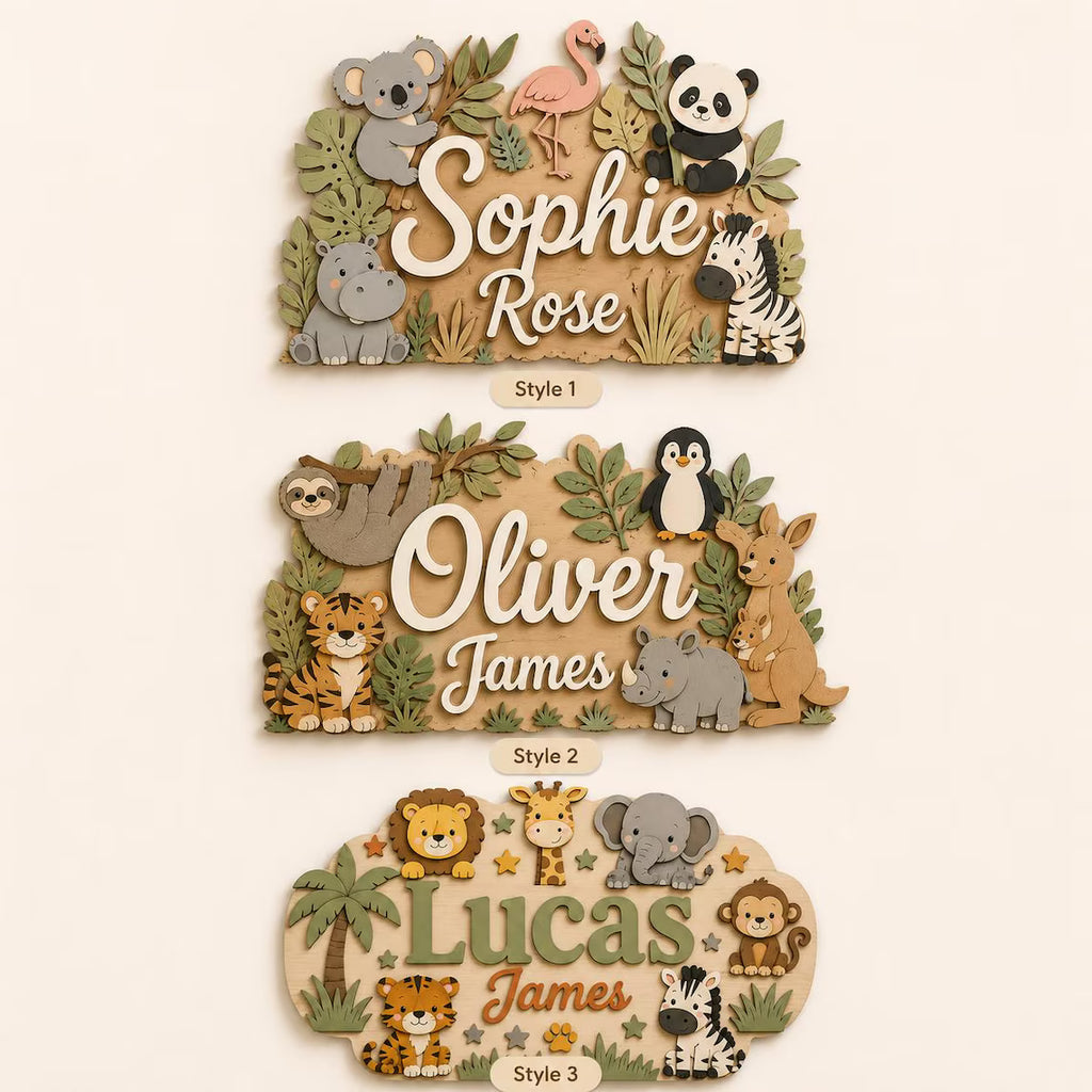 Personalized Safari Animal Name Sign, Custom Wooden Nursery Wall Art, Jungle Baby Room Decor, Boy Girl Baby Gift