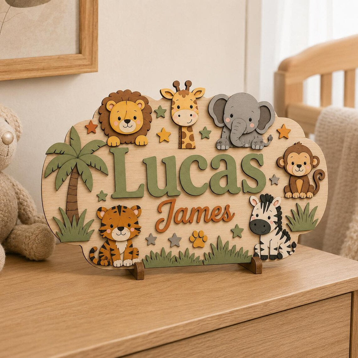 Personalized Safari Animal Name Sign, Custom Wooden Nursery Wall Art, Jungle Baby Room Decor, Boy Girl Baby Gift