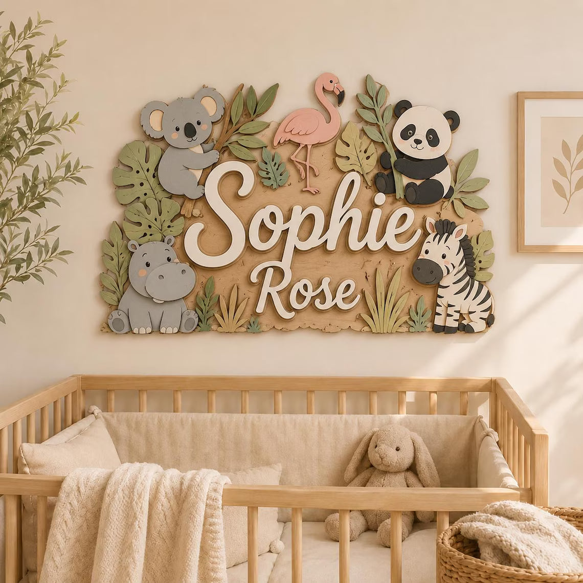 Personalized Safari Animal Name Sign, Custom Wooden Nursery Wall Art, Jungle Baby Room Decor, Boy Girl Baby Gift
