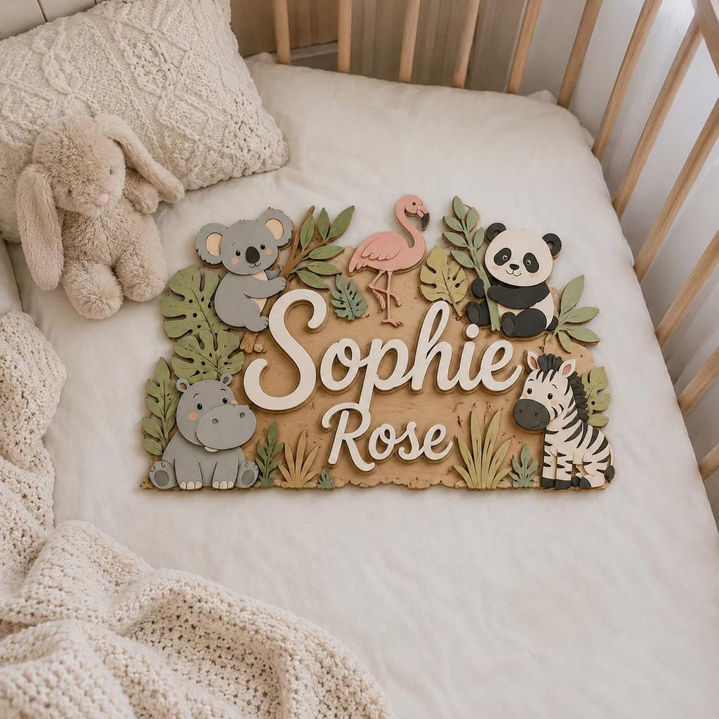 Personalized Safari Animal Name Sign, Custom Wooden Nursery Wall Art, Jungle Baby Room Decor, Boy Girl Baby Gift