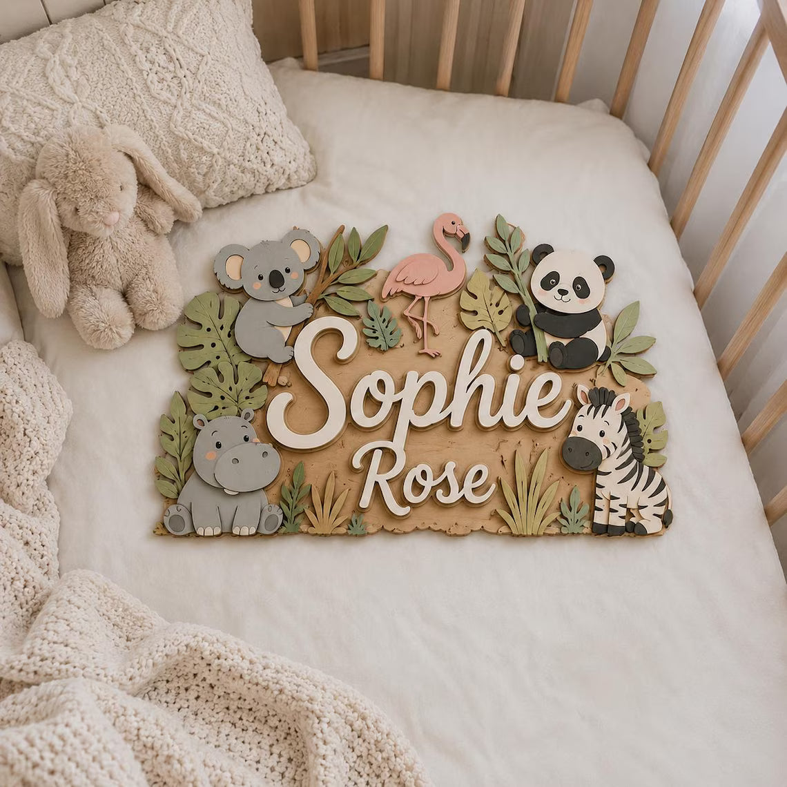 Personalized Safari Animal Name Sign, Custom Wooden Nursery Wall Art, Jungle Baby Room Decor, Boy Girl Baby Gift