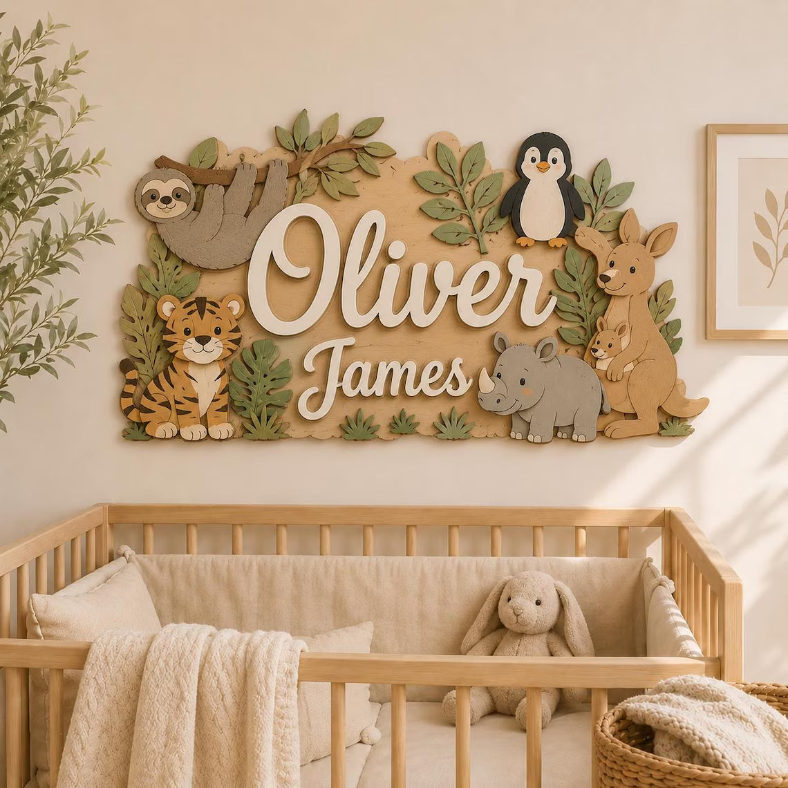 Personalized Safari Animal Name Sign, Custom Wooden Nursery Wall Art, Jungle Baby Room Decor, Boy Girl Baby Gift