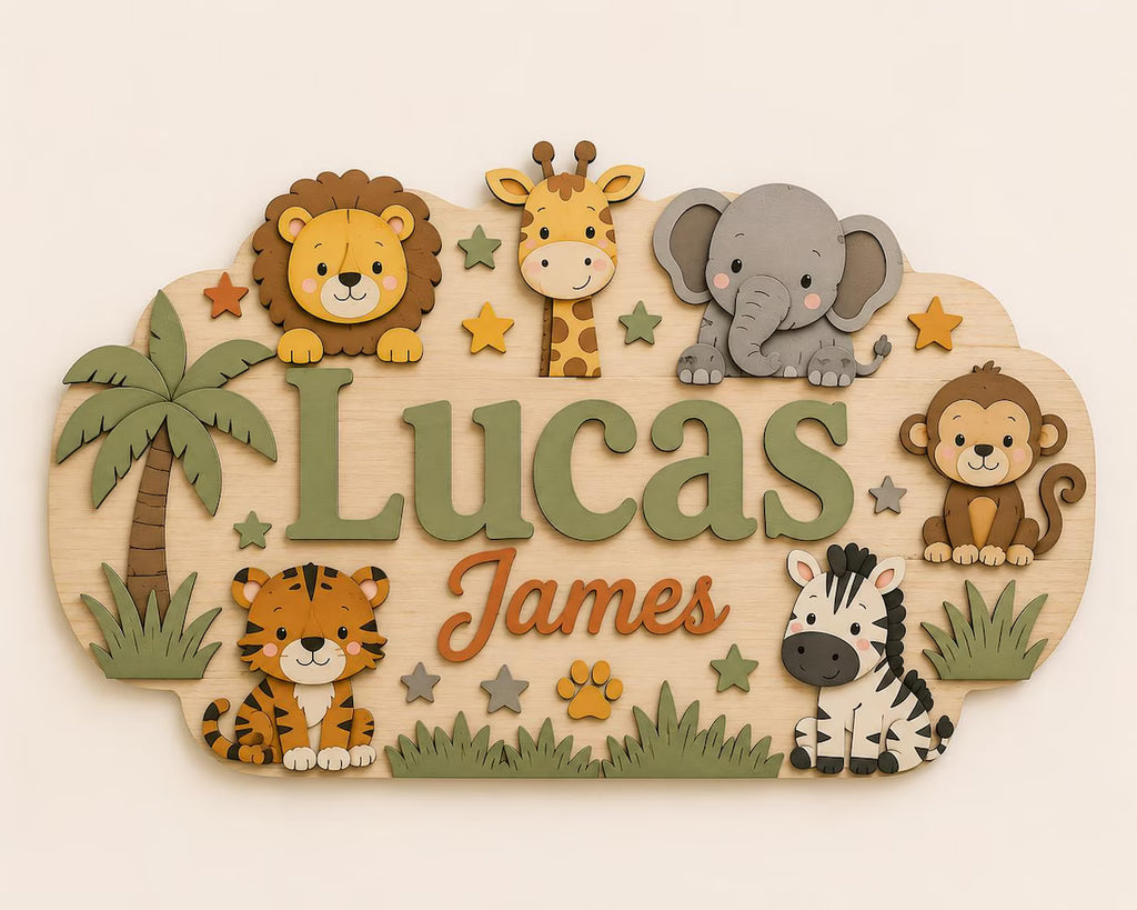 Personalized Safari Animal Name Sign, Custom Wooden Nursery Wall Art, Jungle Baby Room Decor, Boy Girl Baby Gift