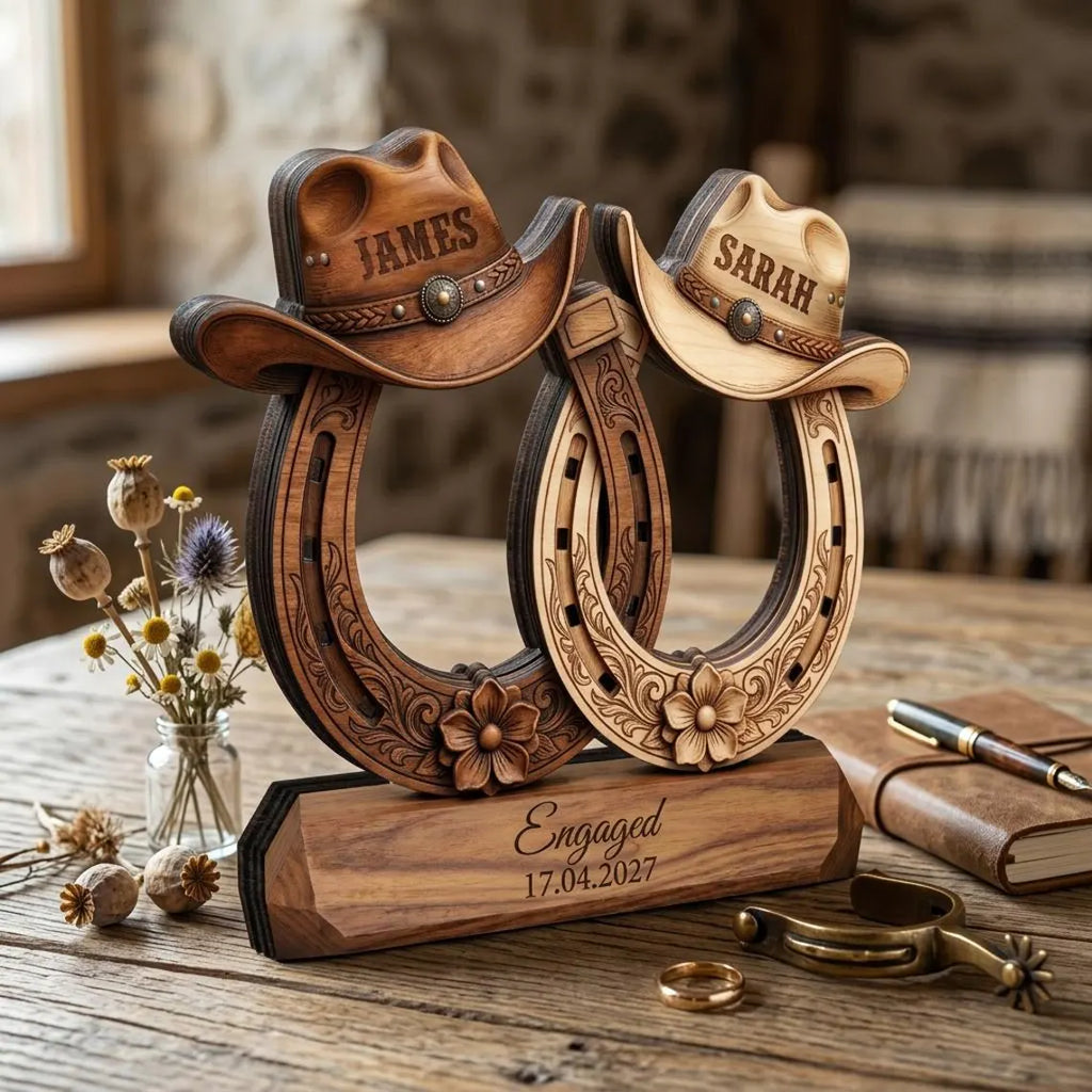 Custom Western Couple Wood Decor, Personalized Cowboy Hat Horseshoe Sign, Rustic Engagement Centerpiece, Bride And Groom Gift