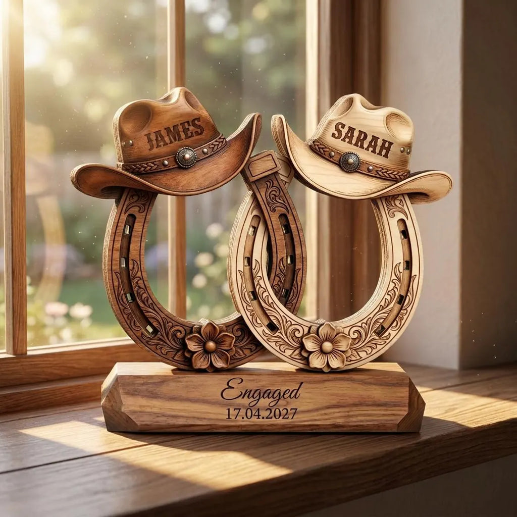 Custom Western Couple Wood Decor, Personalized Cowboy Hat Horseshoe Sign, Rustic Engagement Centerpiece, Bride And Groom Gift