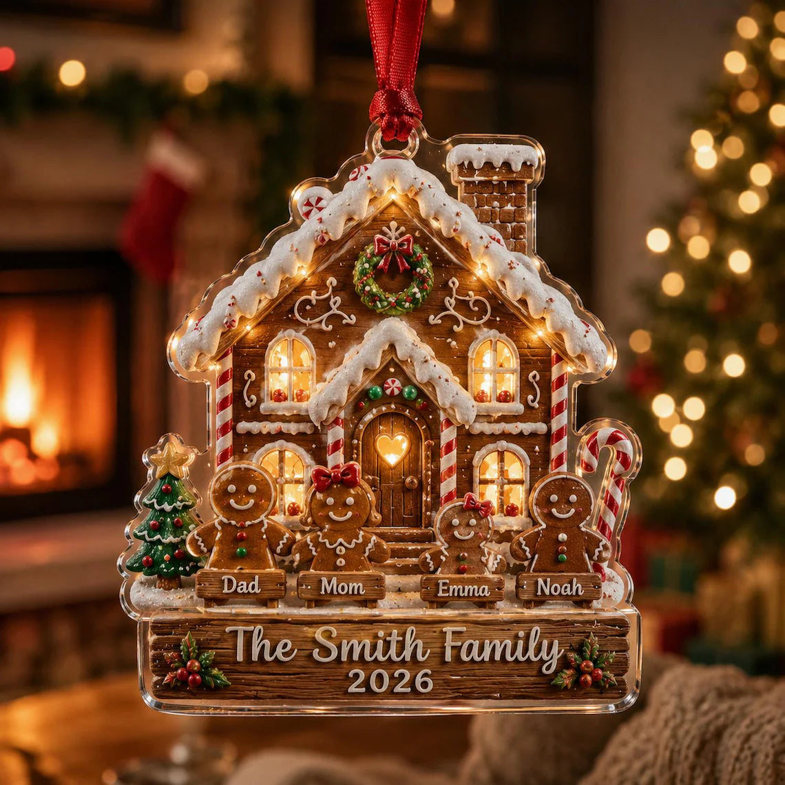 2D Flat Custom Gingerbread Family Ornament, Personalized Gingerbread House Acrylic Bauble, 2026 Christmas Keepsake