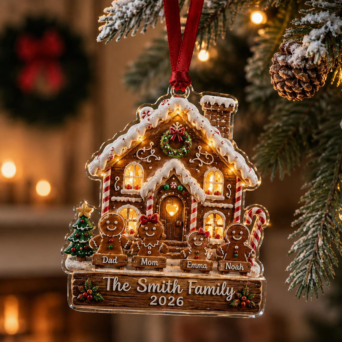2D Flat Custom Gingerbread Family Ornament, Personalized Gingerbread House Acrylic Bauble, 2026 Christmas Keepsake