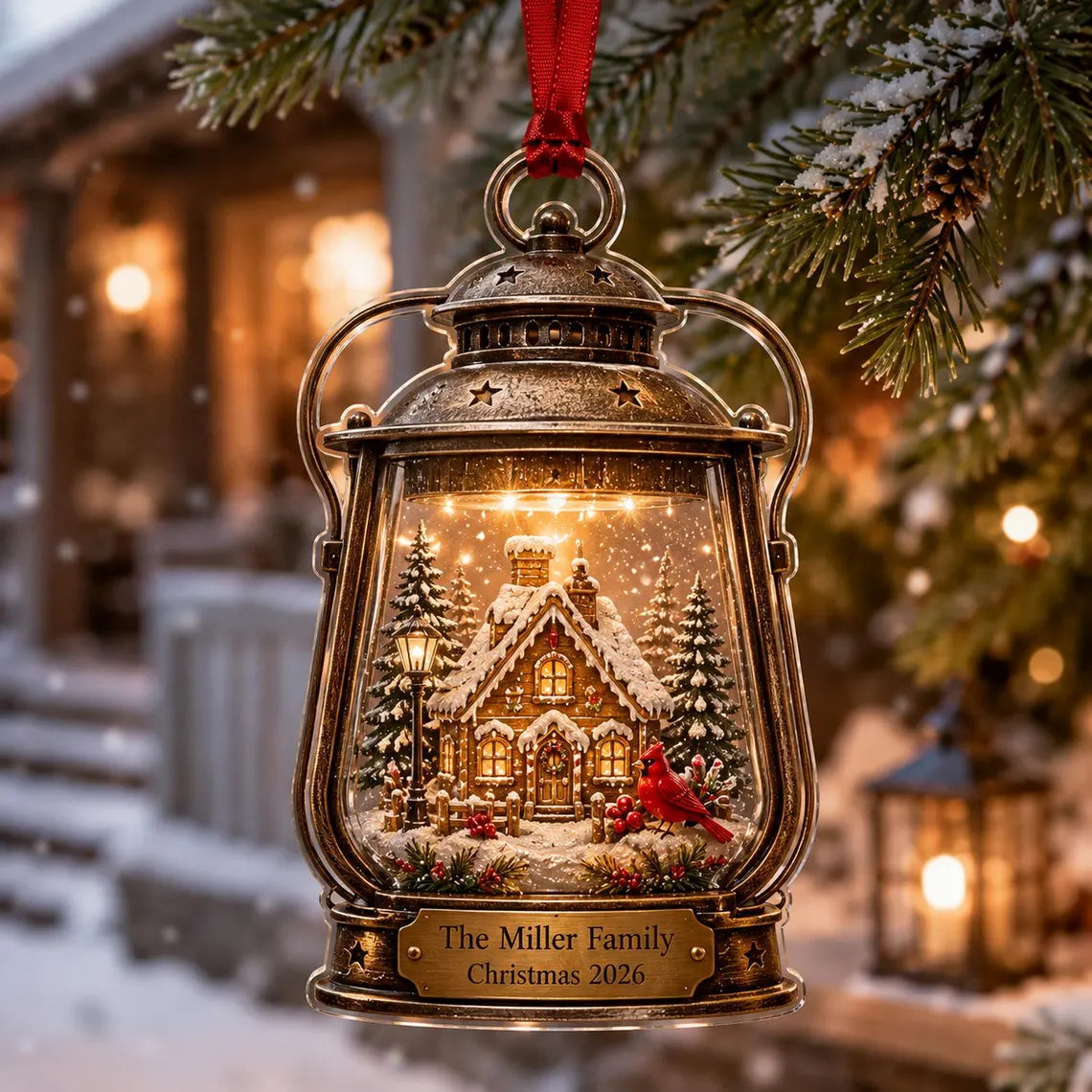 2D Flat Custom Vintage Lantern Ornament, Personalized Family Cabin Acrylic Bauble, Cardinal Snow Globe Keepsake