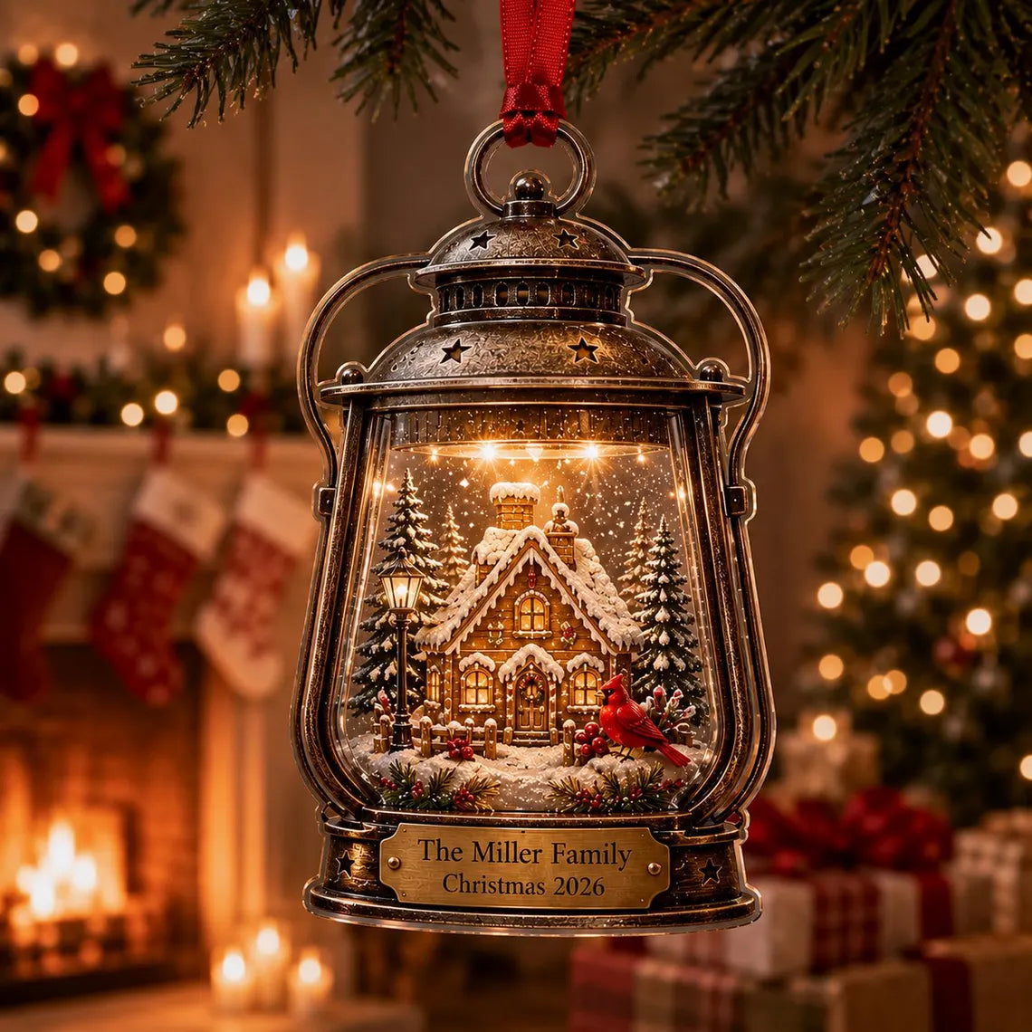 2D Flat Custom Vintage Lantern Ornament, Personalized Family Cabin Acrylic Bauble, Cardinal Snow Globe Keepsake