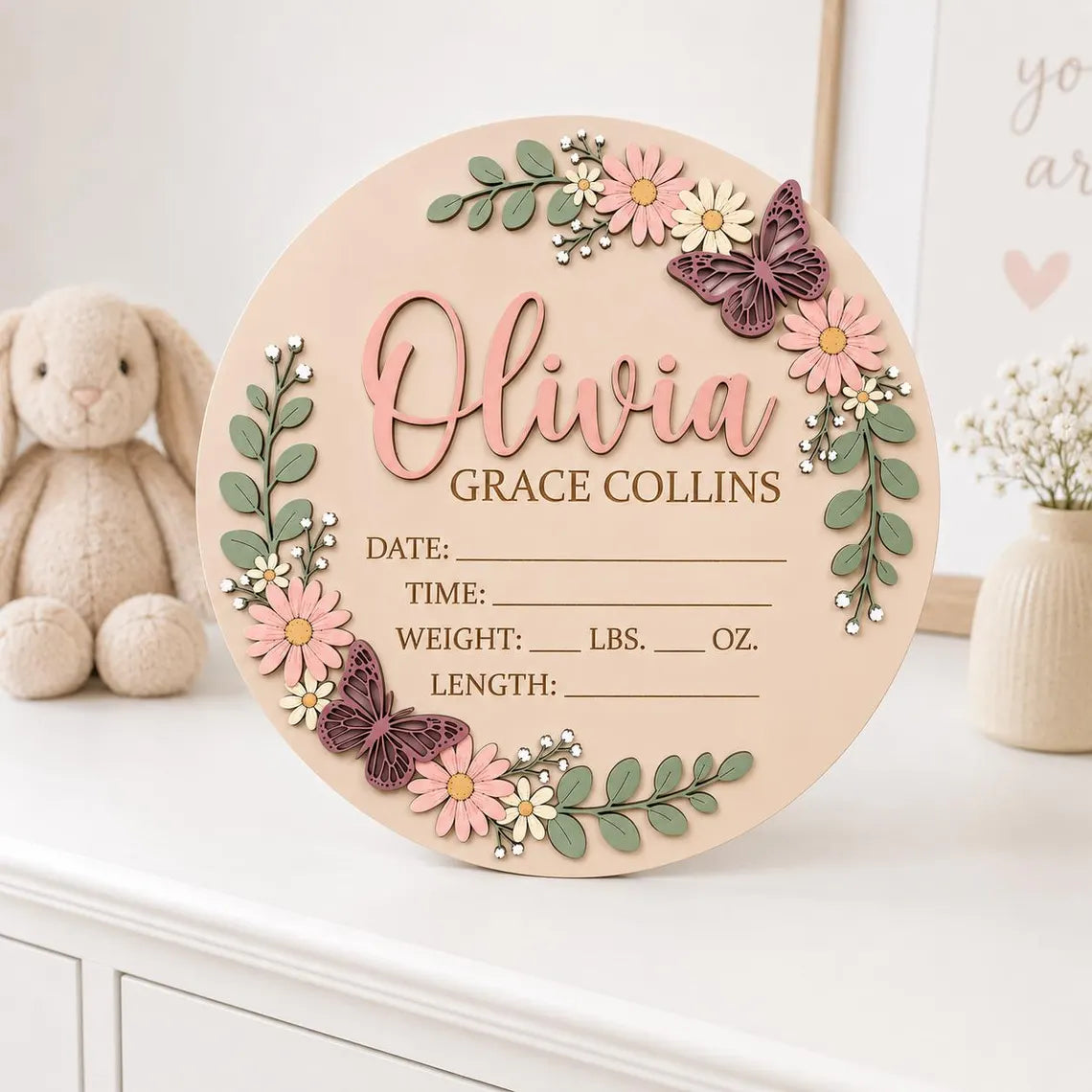 Personalized Floral Baby Announcement Sign, Custom Wooden Birth Stats Plaque, Butterfly Baby Girl Nursery Name Sign, Newborn Gift