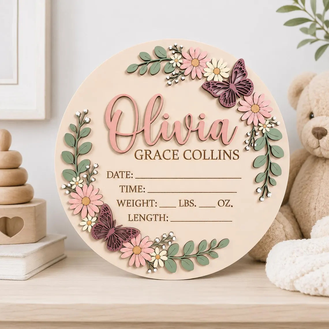 Personalized Floral Baby Announcement Sign, Custom Wooden Birth Stats Plaque, Butterfly Baby Girl Nursery Name Sign, Newborn Gift
