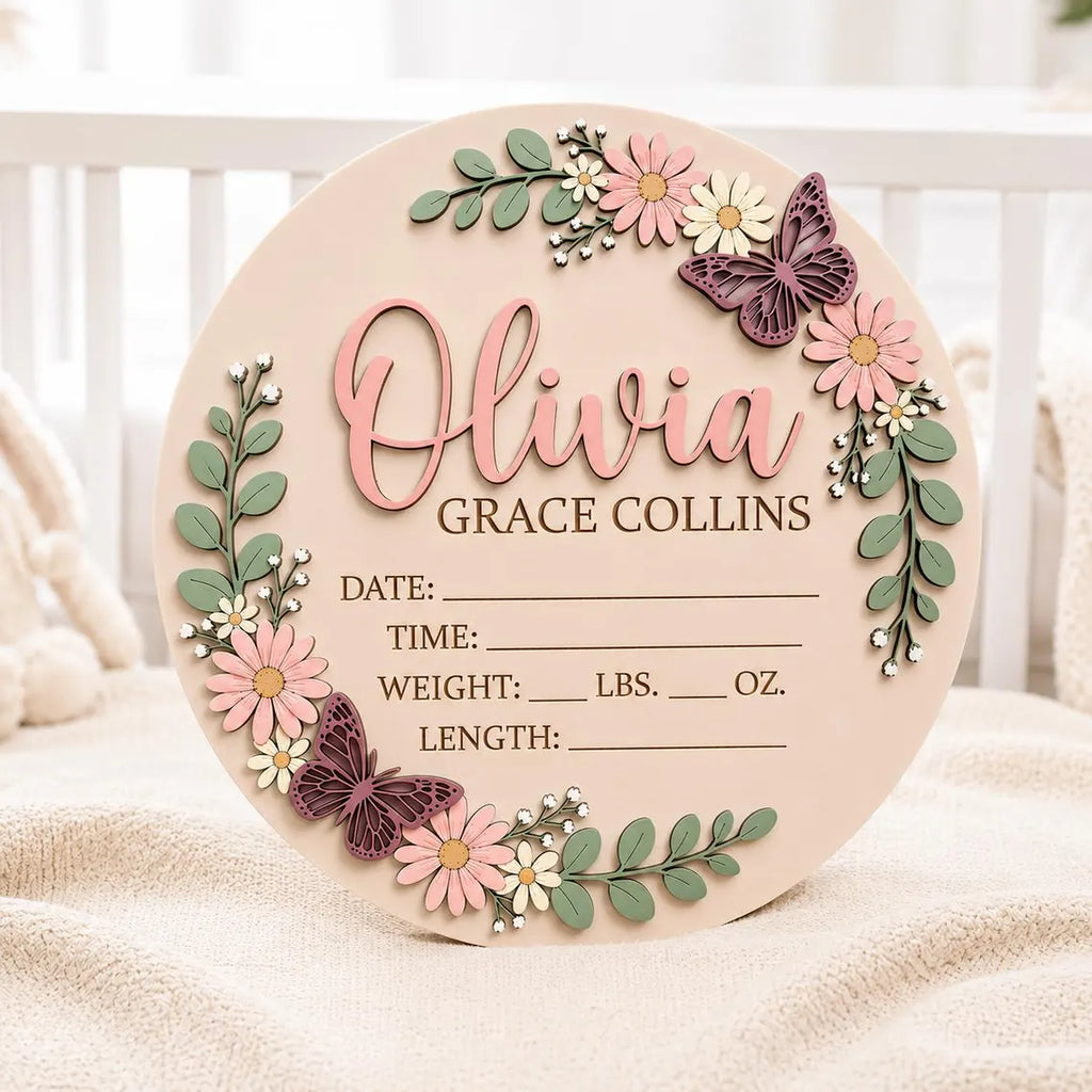 Personalized Floral Baby Announcement Sign, Custom Wooden Birth Stats Plaque, Butterfly Baby Girl Nursery Name Sign, Newborn Gift