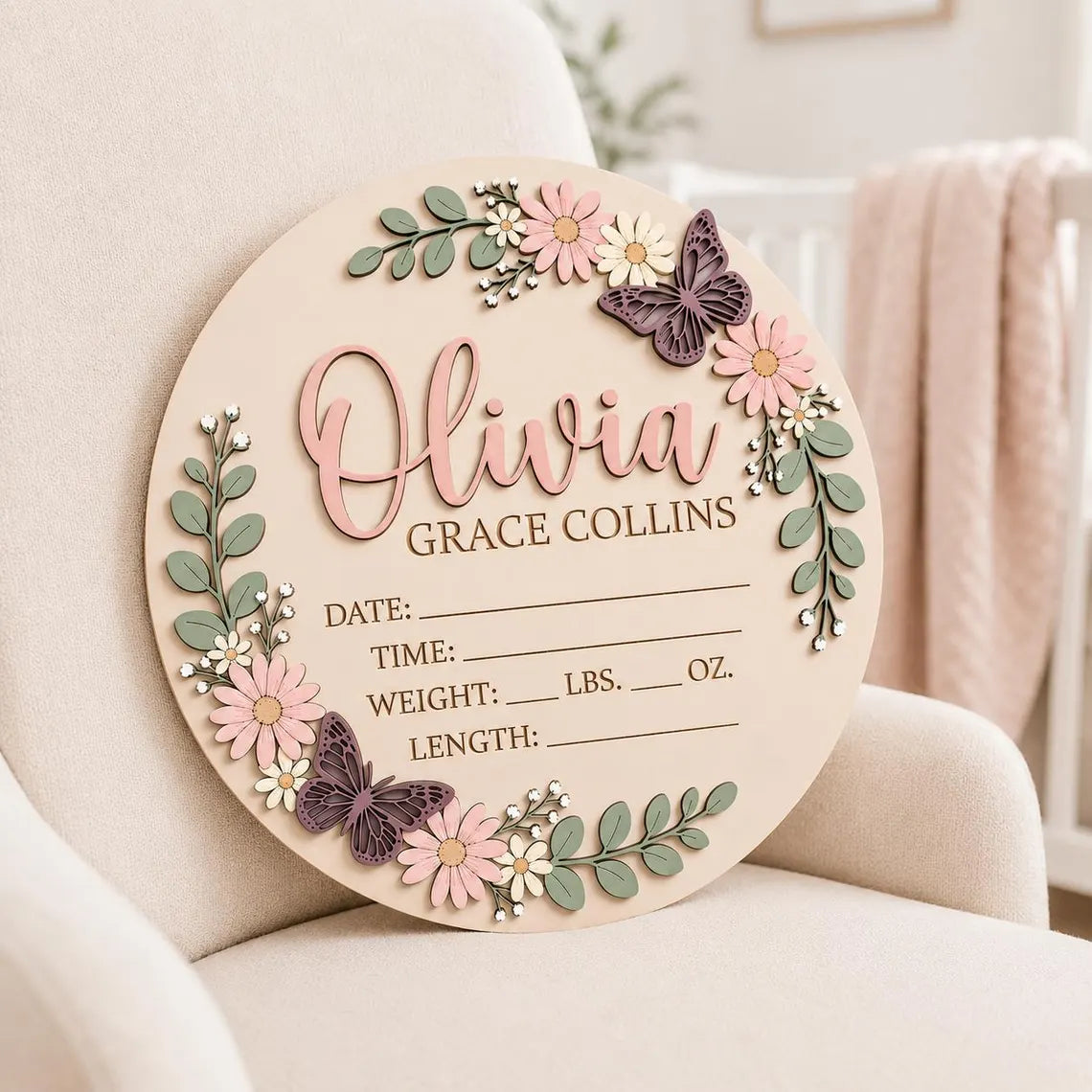 Personalized Floral Baby Announcement Sign, Custom Wooden Birth Stats Plaque, Butterfly Baby Girl Nursery Name Sign, Newborn Gift