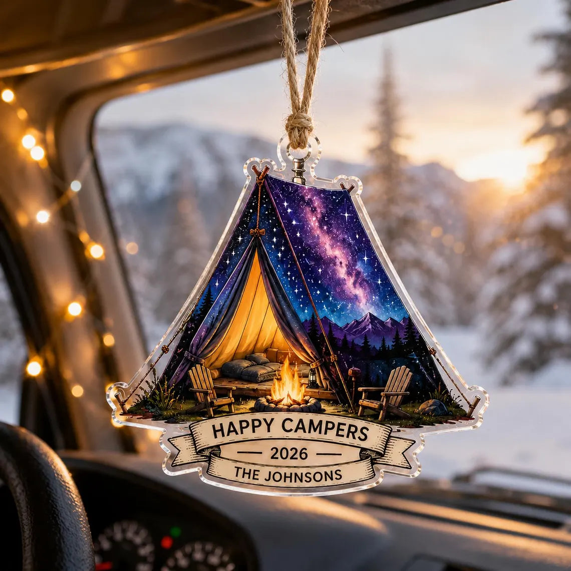 2D Flat Custom Camping Tent Acrylic Ornament, Personalized Happy Campers Bauble, RV Travel Keepsake, 2026 Family Mountain Decor