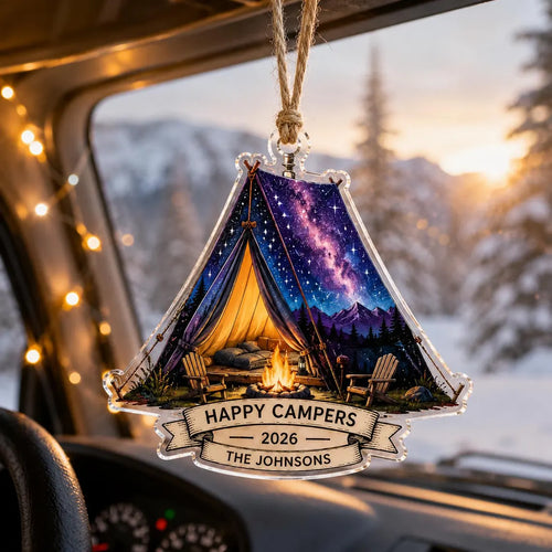 2D Flat Custom Camping Tent Acrylic Ornament, Personalized Happy Campers Bauble, RV Travel Keepsake, 2026 Family Mountain Decor