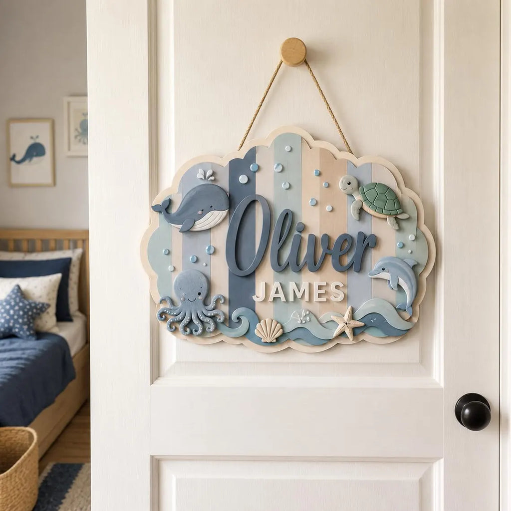 Custom Sea Animal Wooden Sign, Personalized Initial Name Plaque, Ocean Nursery Decor, Baby Room Wall Art Gift