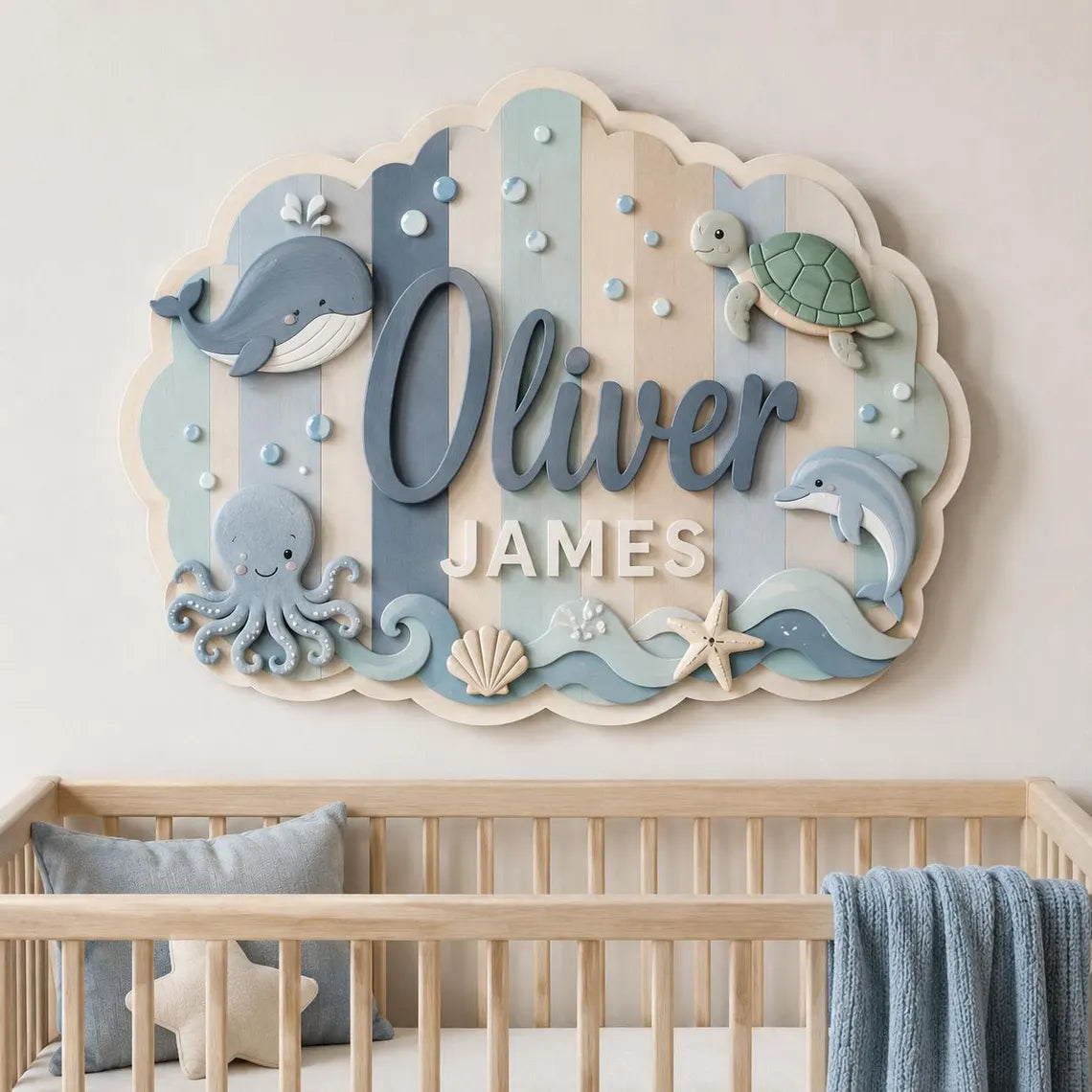 Custom Sea Animal Wooden Sign, Personalized Initial Name Plaque, Ocean Nursery Decor, Baby Room Wall Art Gift