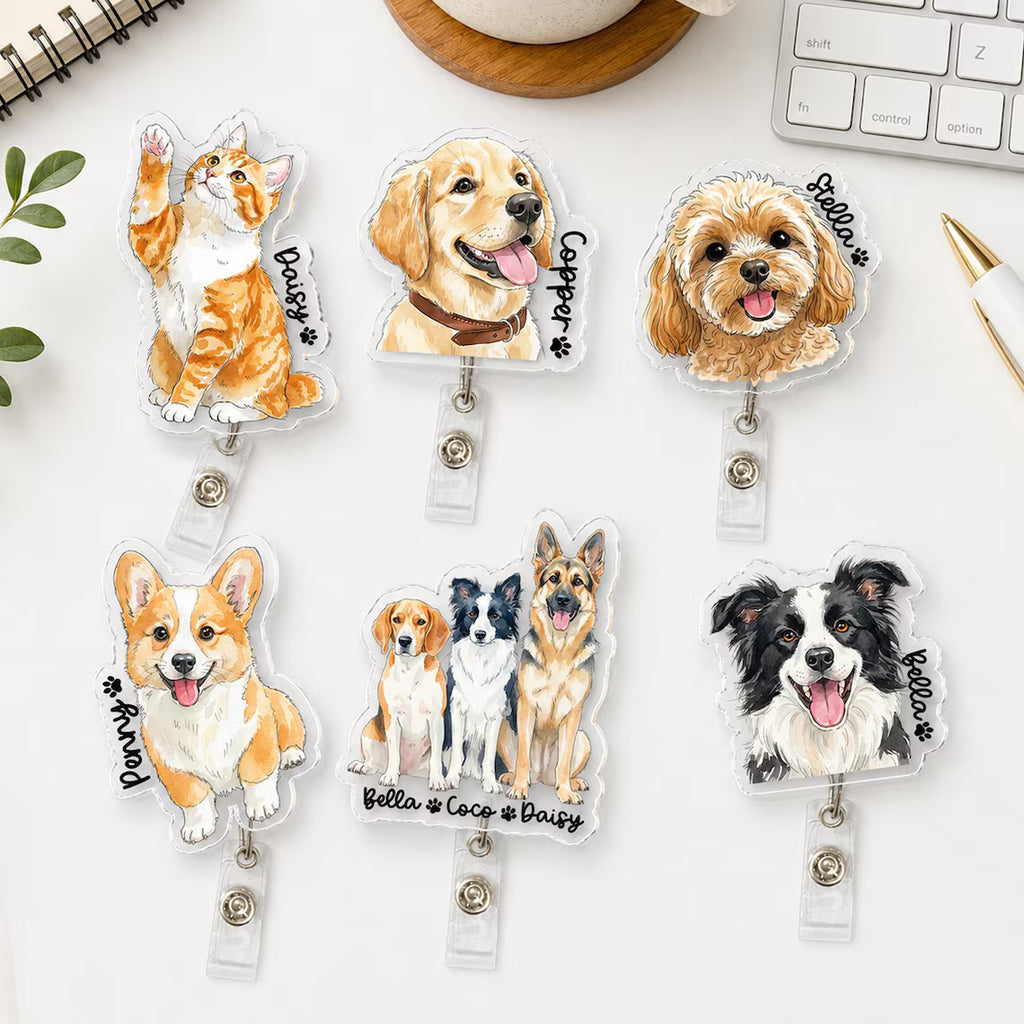 Personalized Striped Pet Portrait From Photo Badge Reel, Custom Dog Cat Photo Nurse ID Holder, Pet Lovers Gift, Nursing Badge Reel, Vet Badge Holder