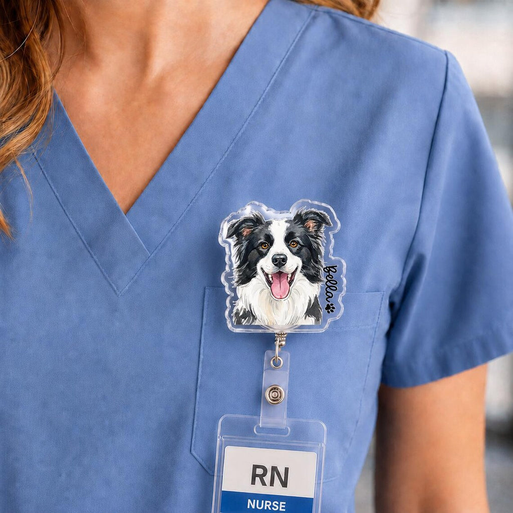 Personalized Striped Pet Portrait From Photo Badge Reel, Custom Dog Cat Photo Nurse ID Holder, Pet Lovers Gift, Nursing Badge Reel, Vet Badge Holder